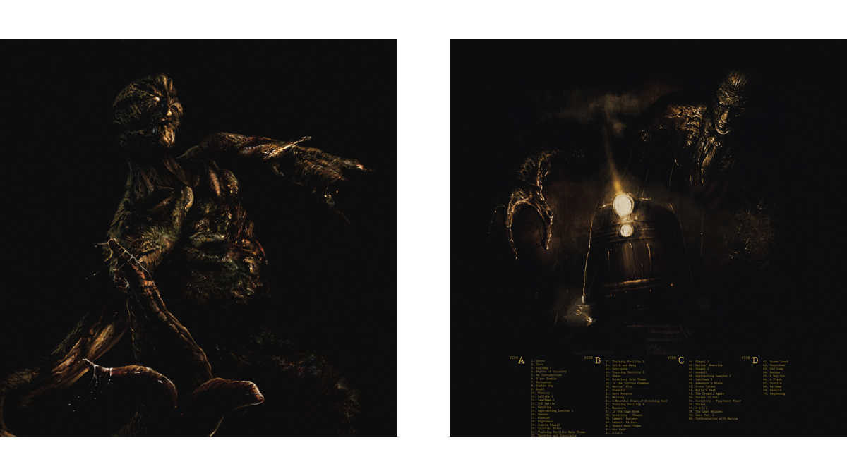 The front (left) and back (right) covers of the Resident Evil 0 soundtrack vinyl; artwork by Boris Moncel. 