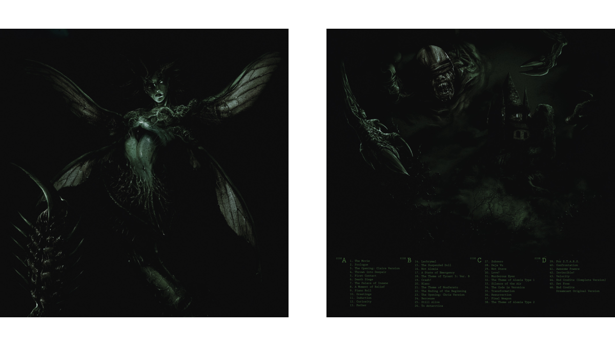 The front (left) and back (right) covers of the Resident Evil CODE: Veronica soundtrack vinyl; artwork by Boris Moncel. 