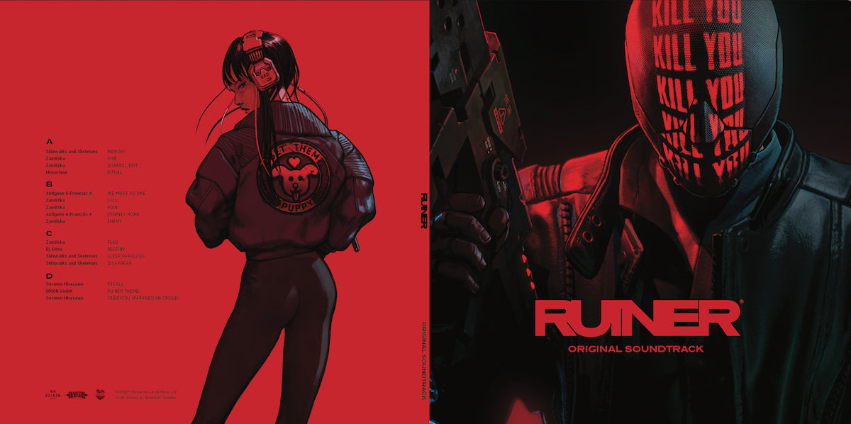 The RUINER soundtrack vinyl (left) back cover, (right) front cover