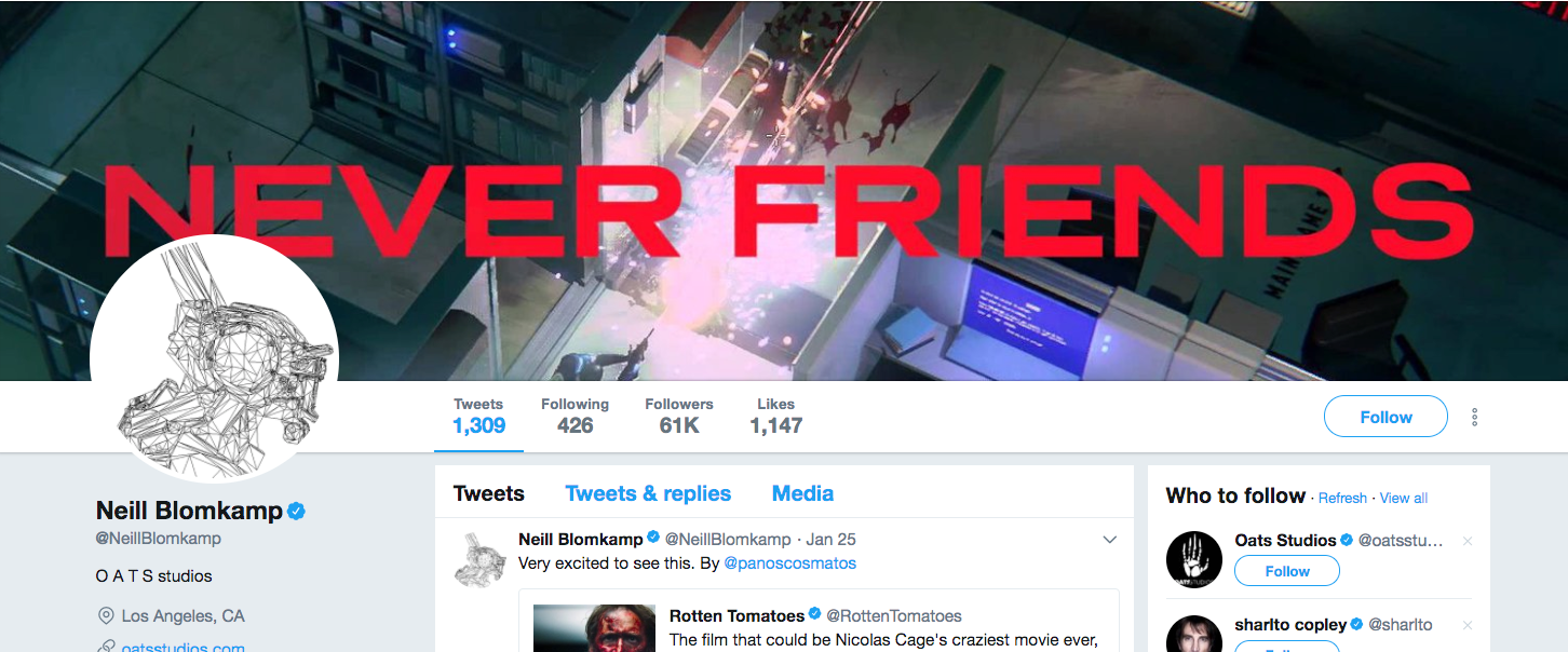 District 9 director Neill Blomkamp has a RUINER marketing image as his Twitter profile header