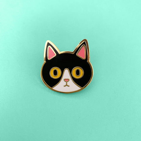 black and white cat enamel pin