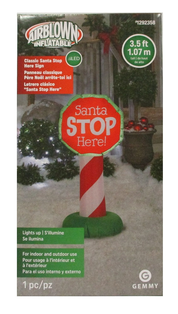 Christmas LED Lighted Santa Stop Here Sign 3.5' Airblown Inflatable Outdoor Yard 