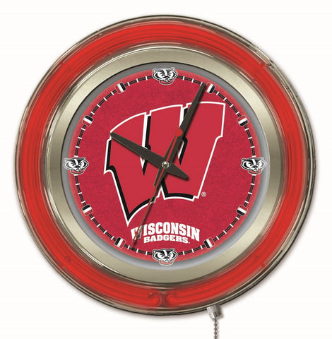 Wisconsin "W" Double Neon Ring, 15" dia. Logo Clock by Holland Bar Stool Company; UPC: 071235361006