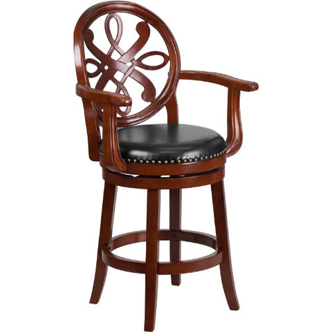 Flash Furniture 26'' High Cherry Wood Counter Height Stool with Arms, Carved Back and Black Leather Swivel Seat TA550226CHYGG ; Image 1 ; UPC 889142060147