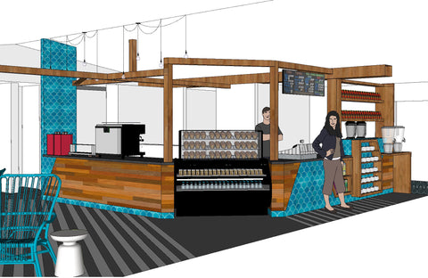 Trianon Coffee design by High Contrast Design House showing bar area with locally made aqua tiles
