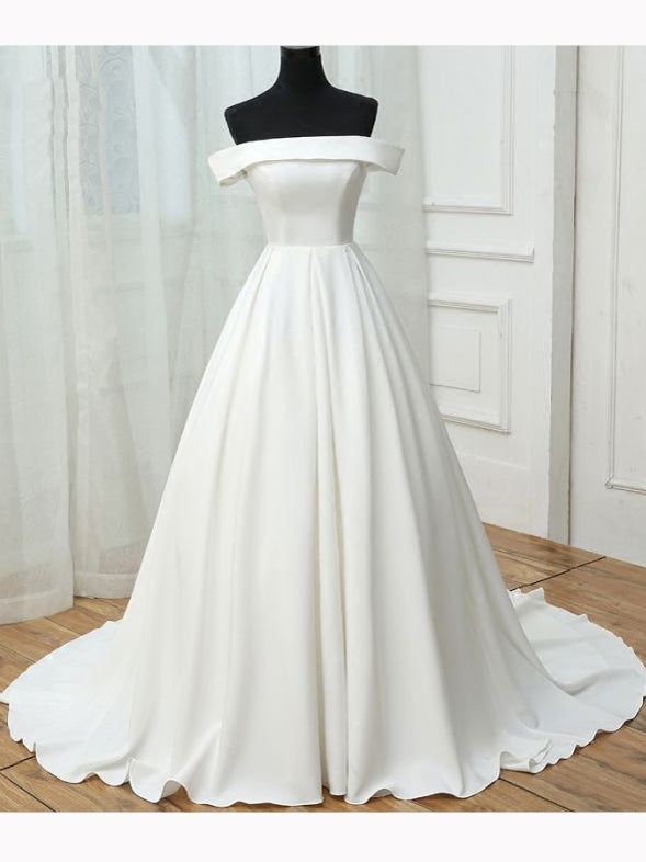 simple satin off the shoulder wedding dress