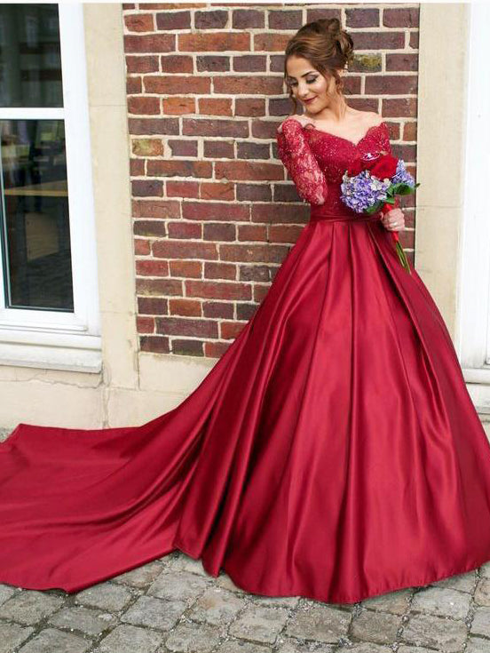 burgundy satin prom dress