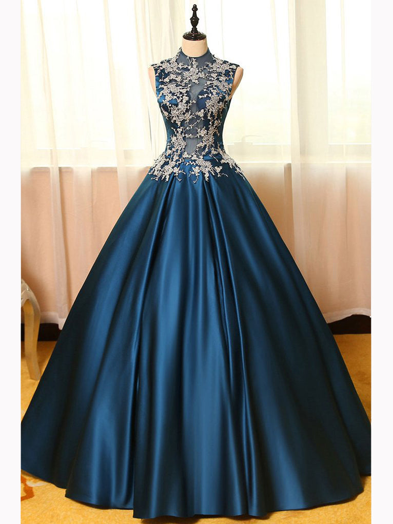 dark blue satin prom dress