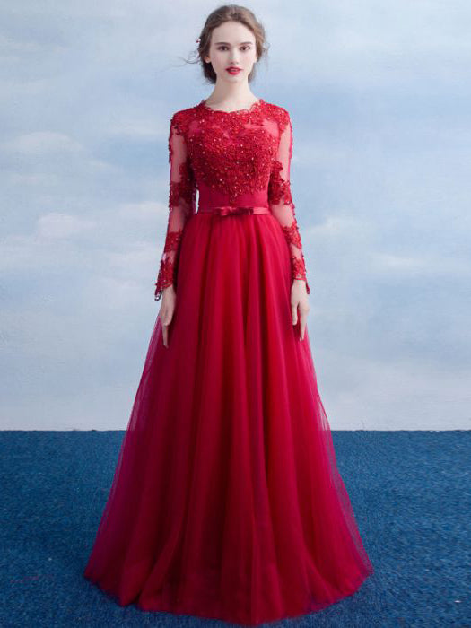 red evening dress with sleeves