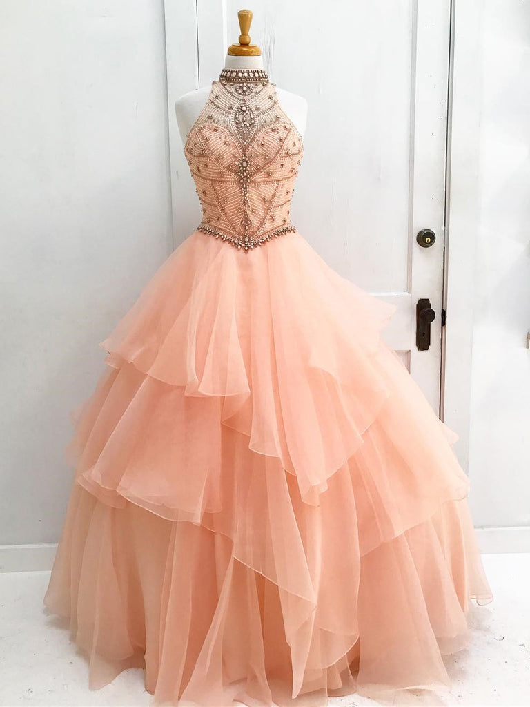 pink beaded prom dress