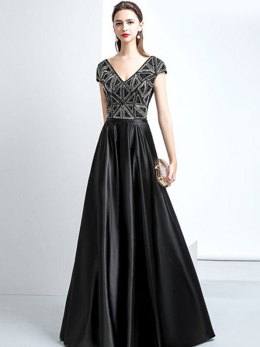 black satin evening dress