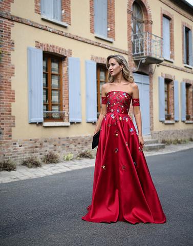 red embroidered prom dress