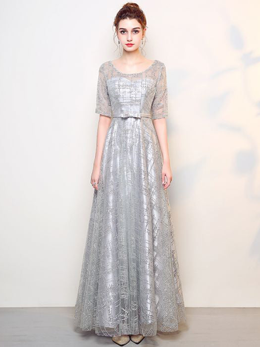 silver prom dress with sleeves