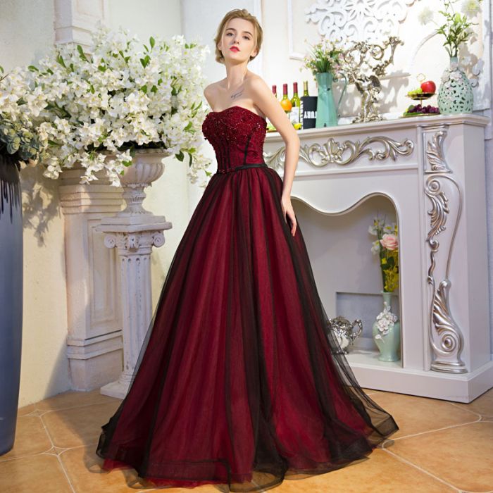 strapless maroon prom dress