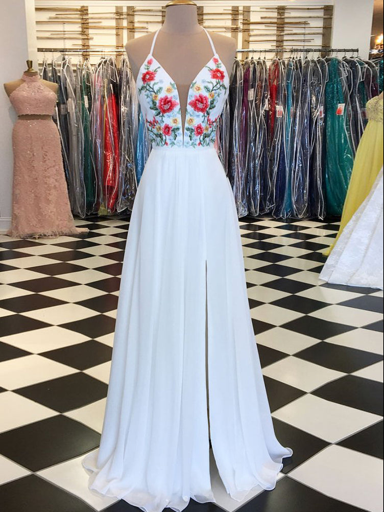 white embroidered prom dress