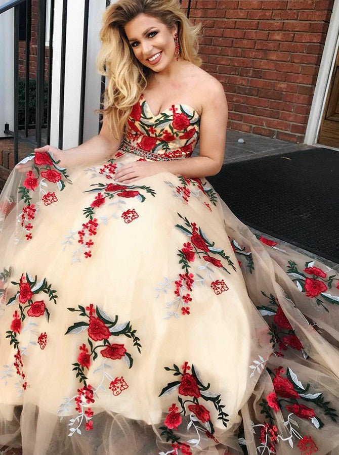 white prom dress with red flowers