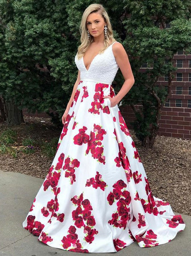 white prom dress with red flowers