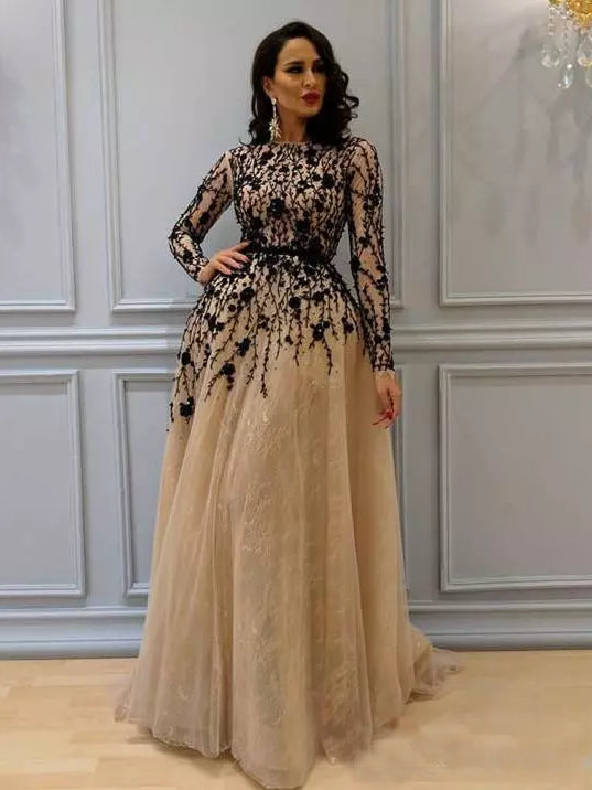 A Line Bateau Floor Length Prom Dress Black Long Sleeve Tulle Prom Dresses Long Evening Dress Amy1097