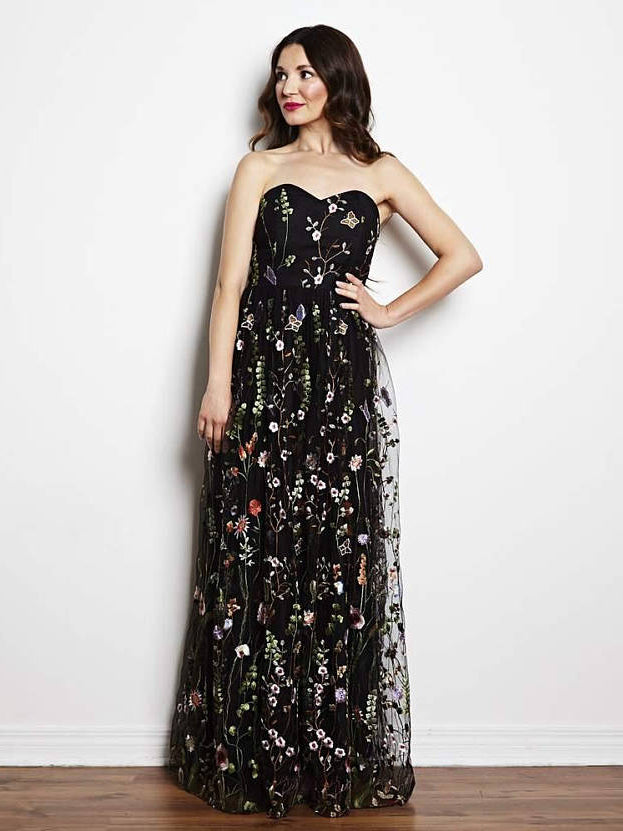 black floral evening dress