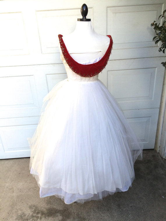 burgundy and white prom dress