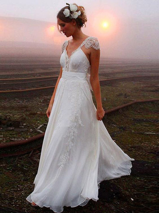 v neck beach wedding dress