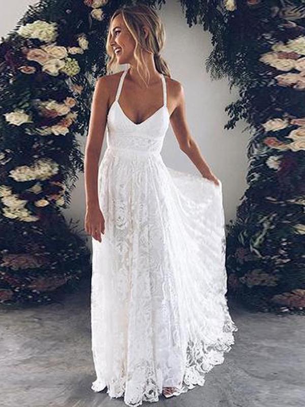 A Line White Lace Wedding Dress Spaghetti Straps Sweep Brush Train Lace Beach Wedding Dress Amy1303
