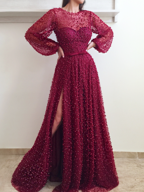 maroon prom dress with slit