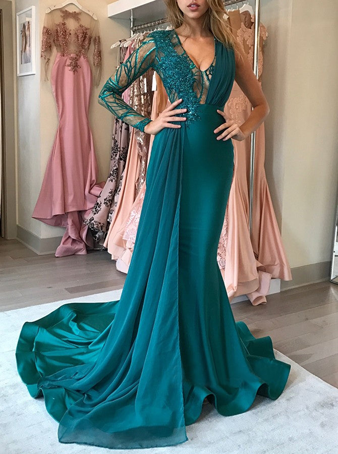 green prom dress long sleeve