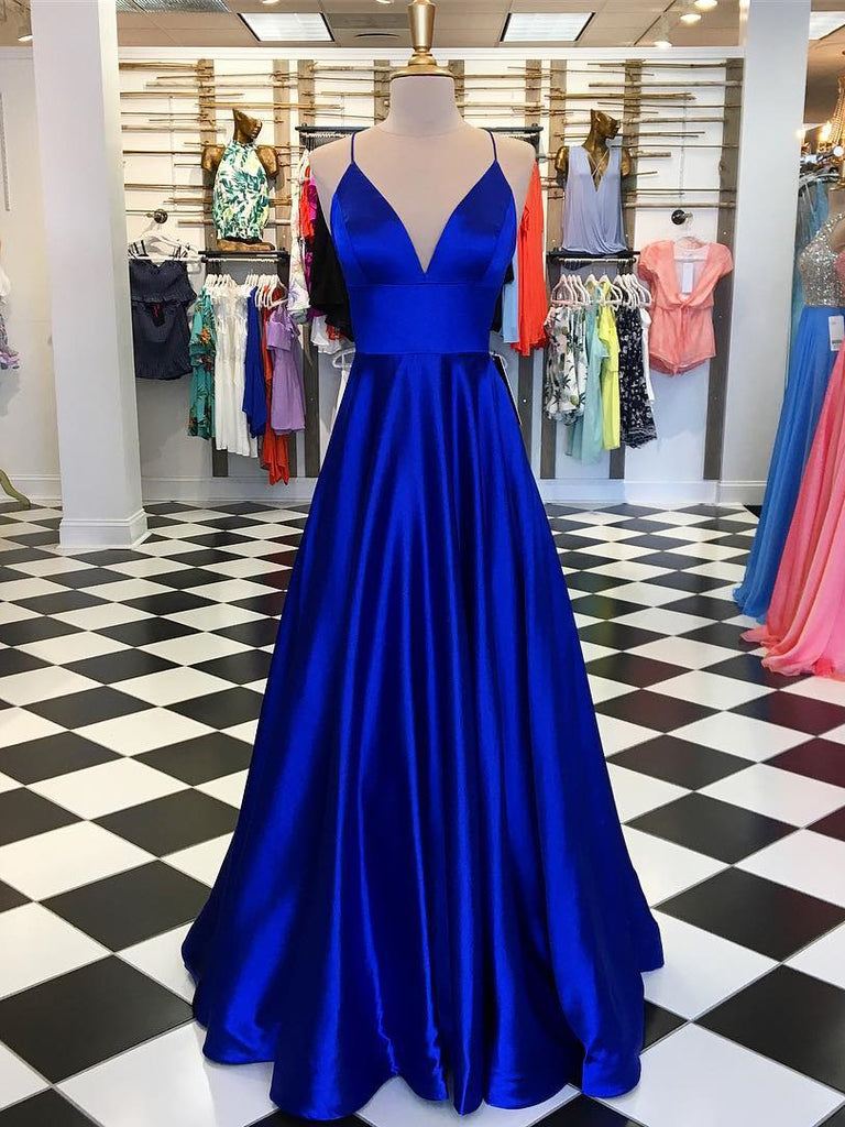 royal blue spaghetti strap prom dress