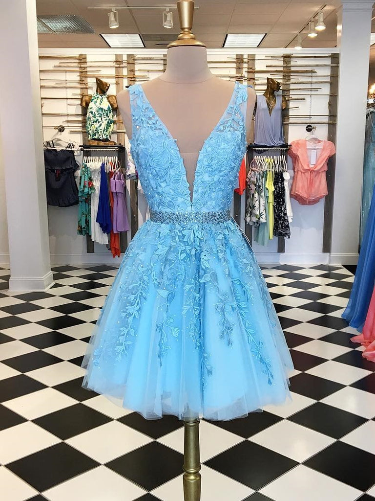 short blue grad dresses