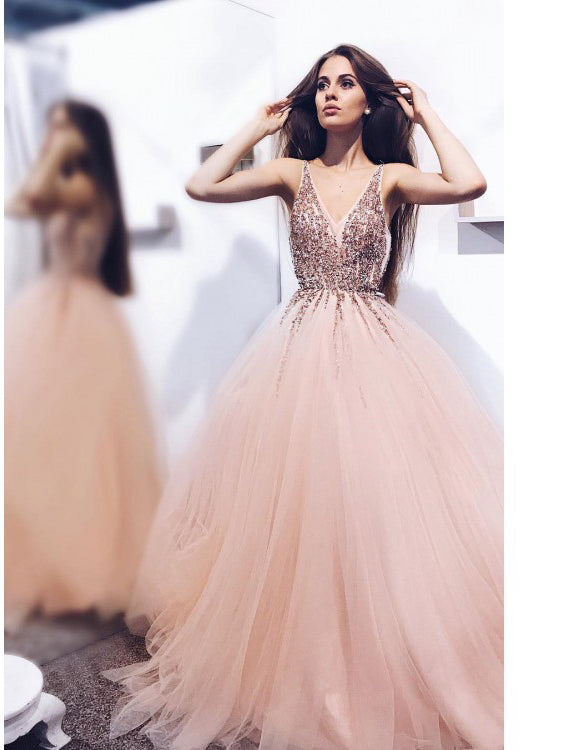 pink beaded prom dress