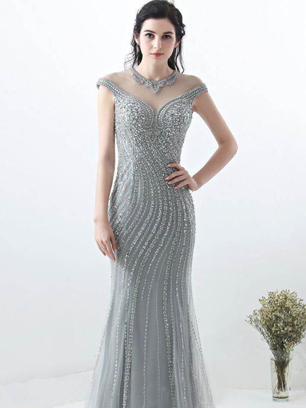 long silver evening dress