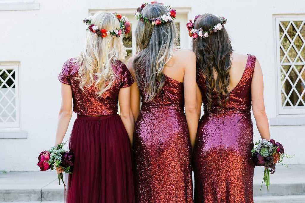 burgundy sparkly bridesmaid dress