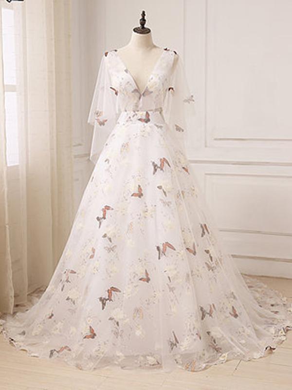 Chic A-line V neck White Prom Dress 