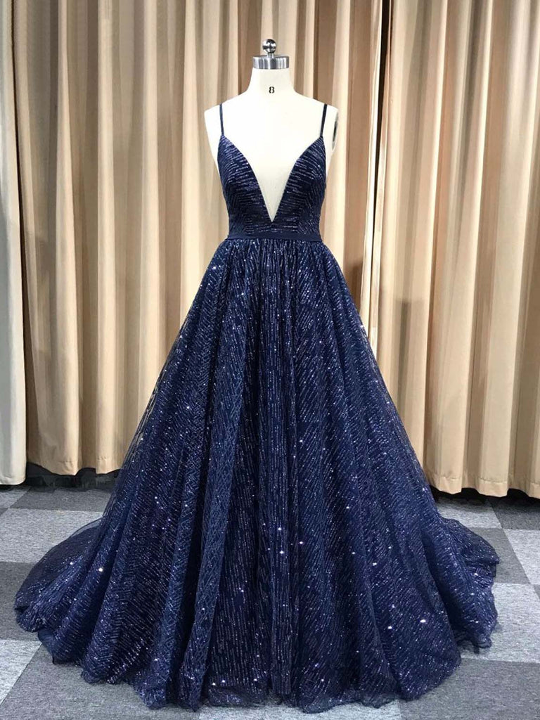 navy glitter prom dress