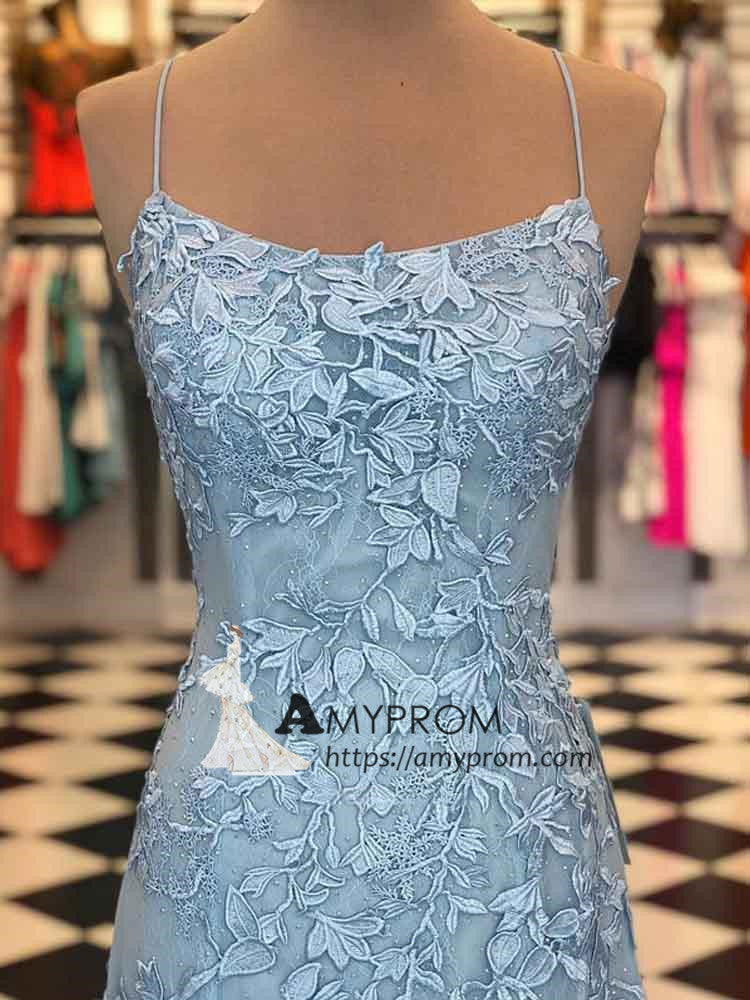 light blue spaghetti strap prom dress