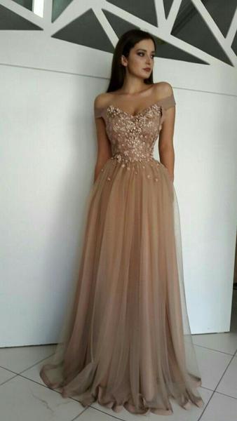 A-line Off-the-shoulder Brown Prom 