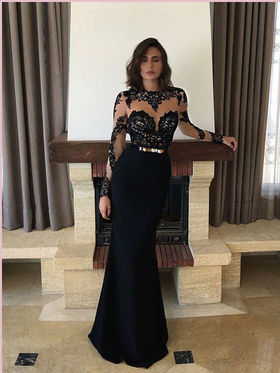 black lace sleeve prom dress