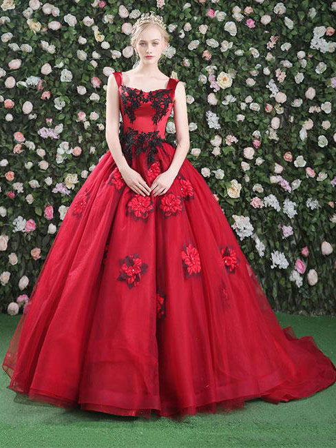 red floral ball gown