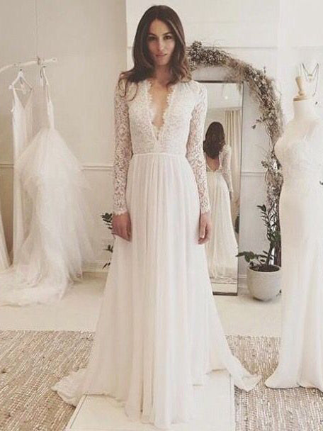 v neck long sleeve wedding gown