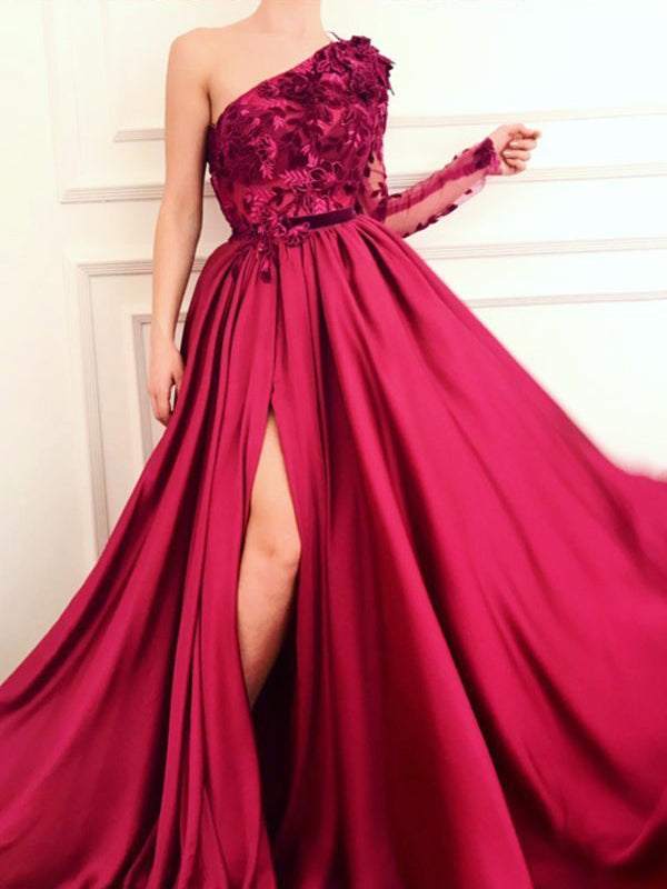 one shoulder long prom dress