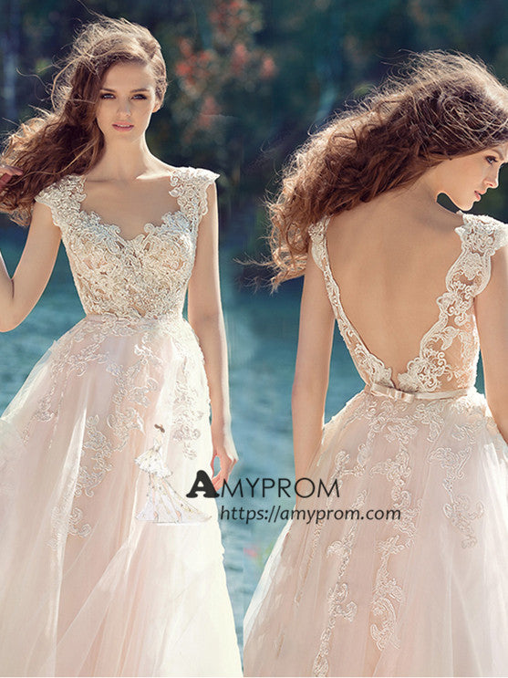 Cap Sleeve V Neck Lace Wedding Dress Romantic Beach Wedding Gowns Bridal Gowns Amy2853