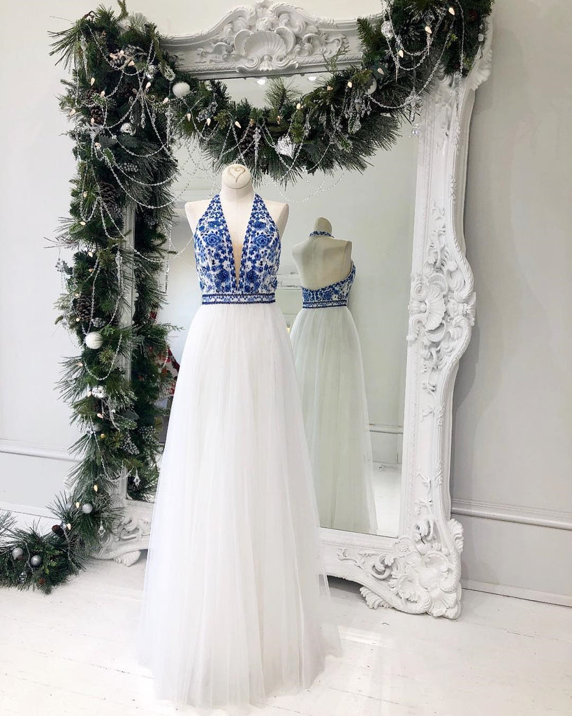 royal blue and white formal dress