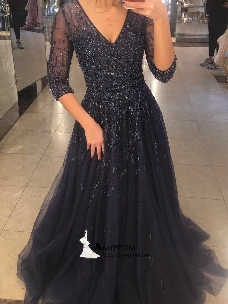 navy evening gowns with sleeves