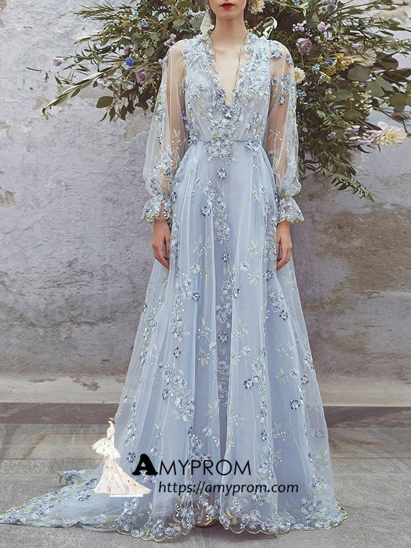 light blue evening gown with sleeves