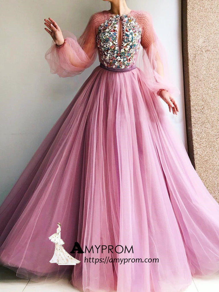 A-line Scoop Prom Dresses Pink Beaded Evening Dress Long Sleeve ...