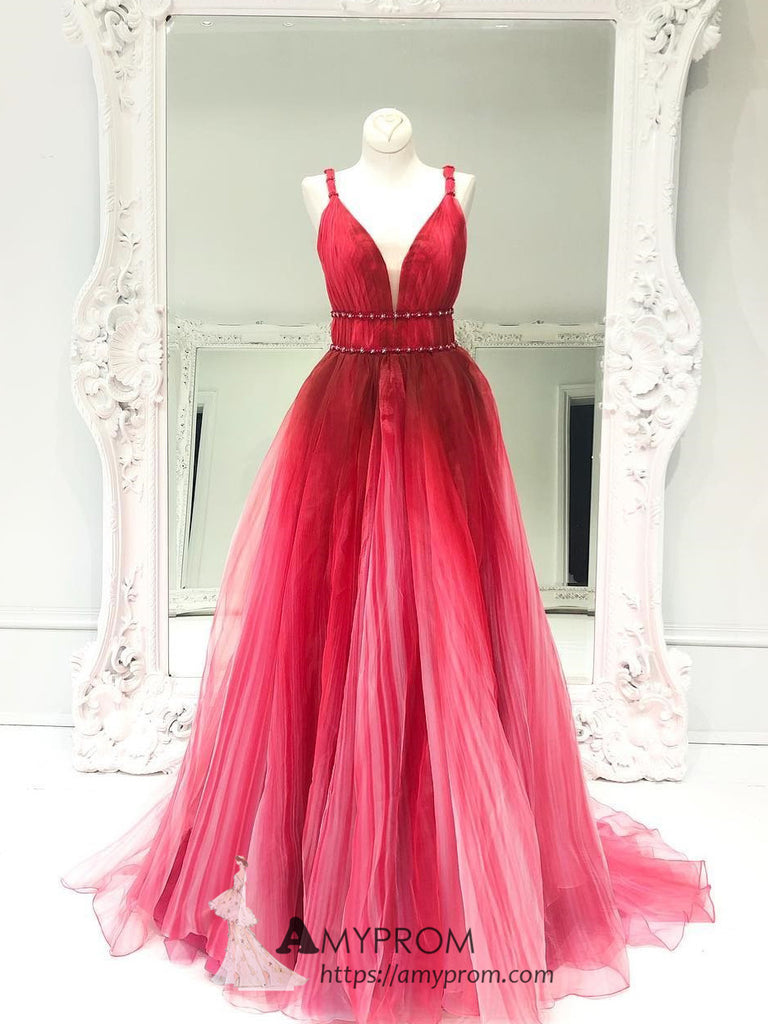 Beautiful Ombre Red Tulle Prom Dresses Straps Long Evening