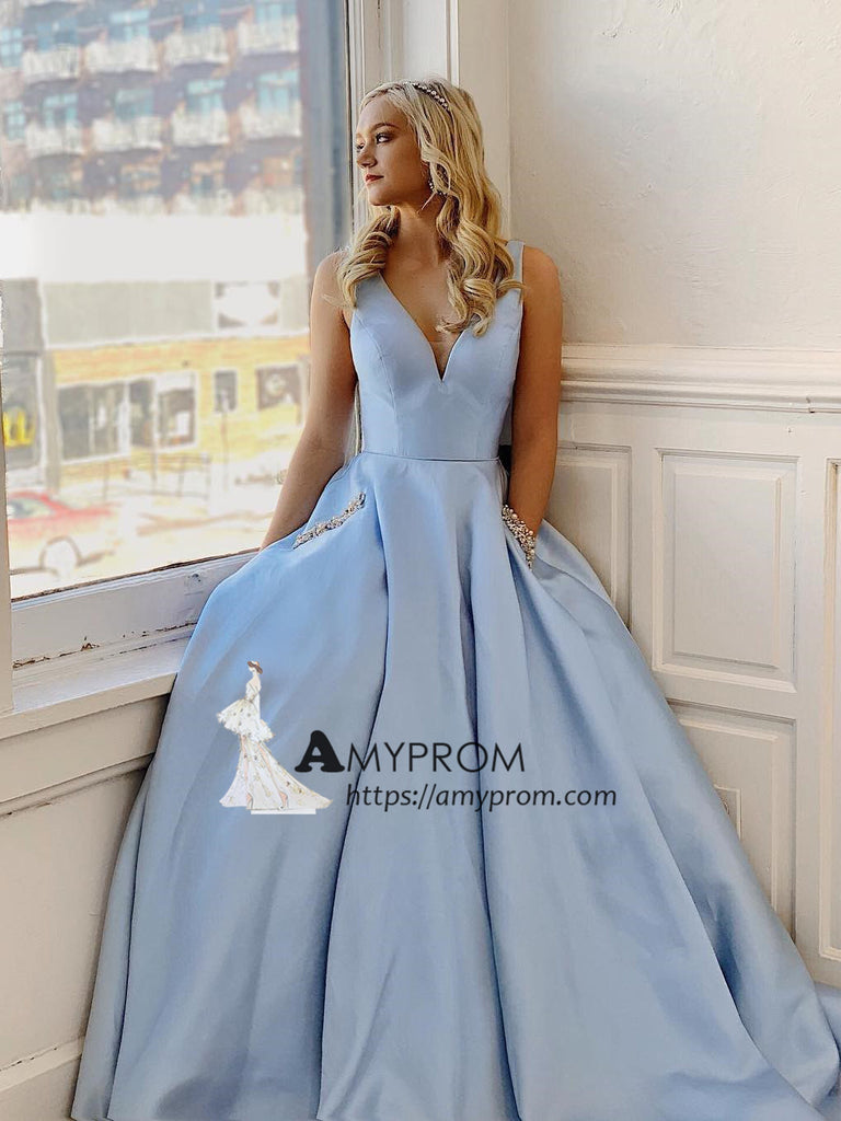 light blue v neck prom dress