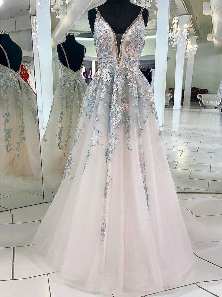 Spaghetti Straps Lace Long Prom Dress 