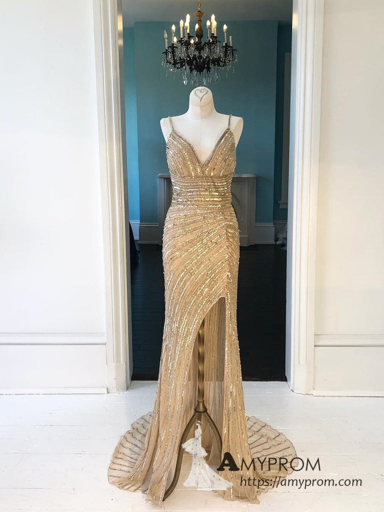 gold prom dress with slit